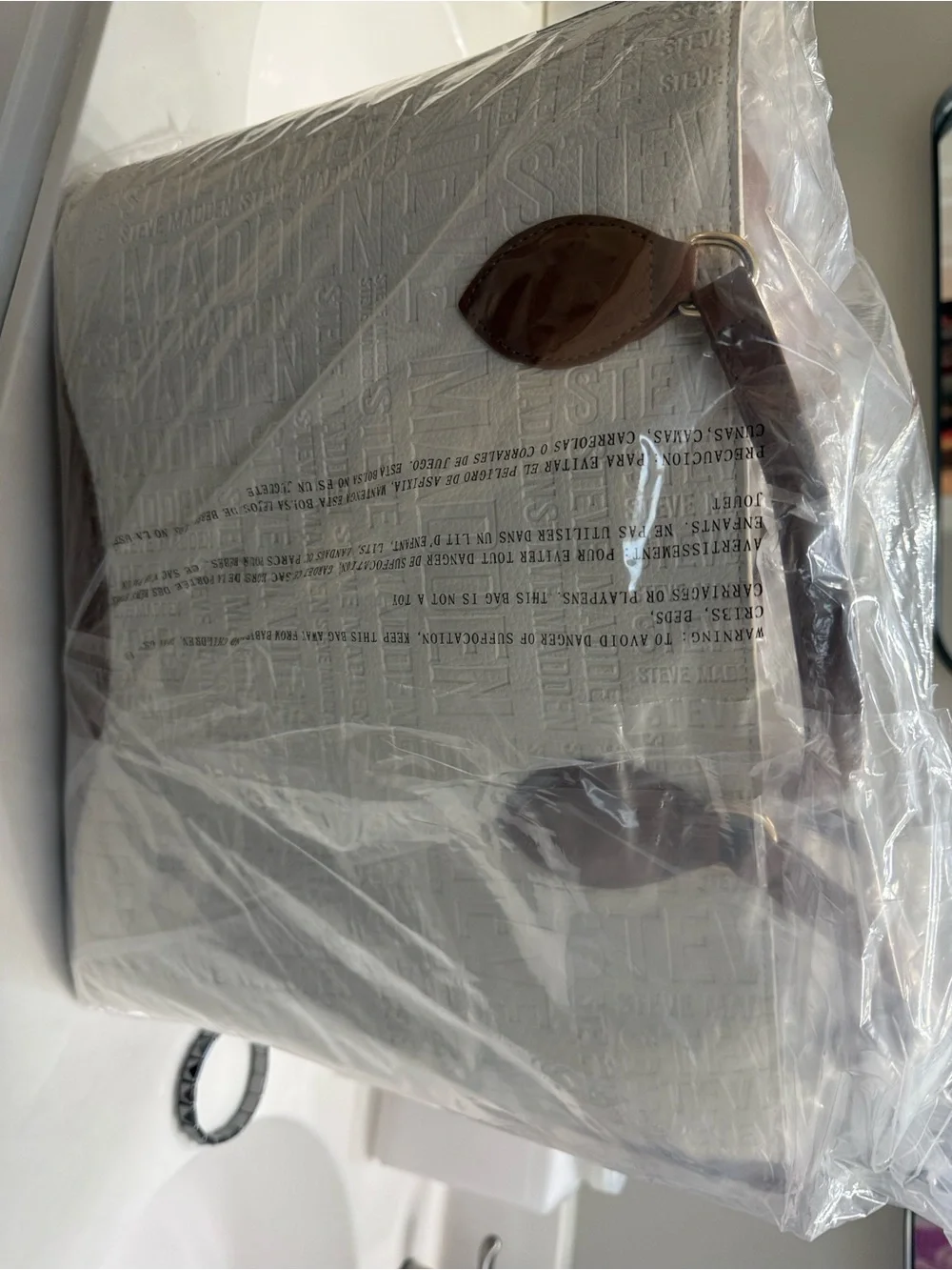 Steve Madden White Tote Bag with Brown Trim